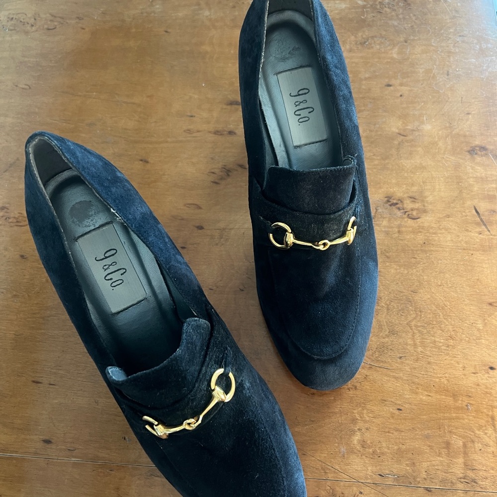 Horsebit Vintage inspired Navy Blue Suede Leather Loafers Heels Sz 10 - Picture 2 of 3